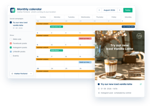Marvia marketing calendar monthly view with published social post